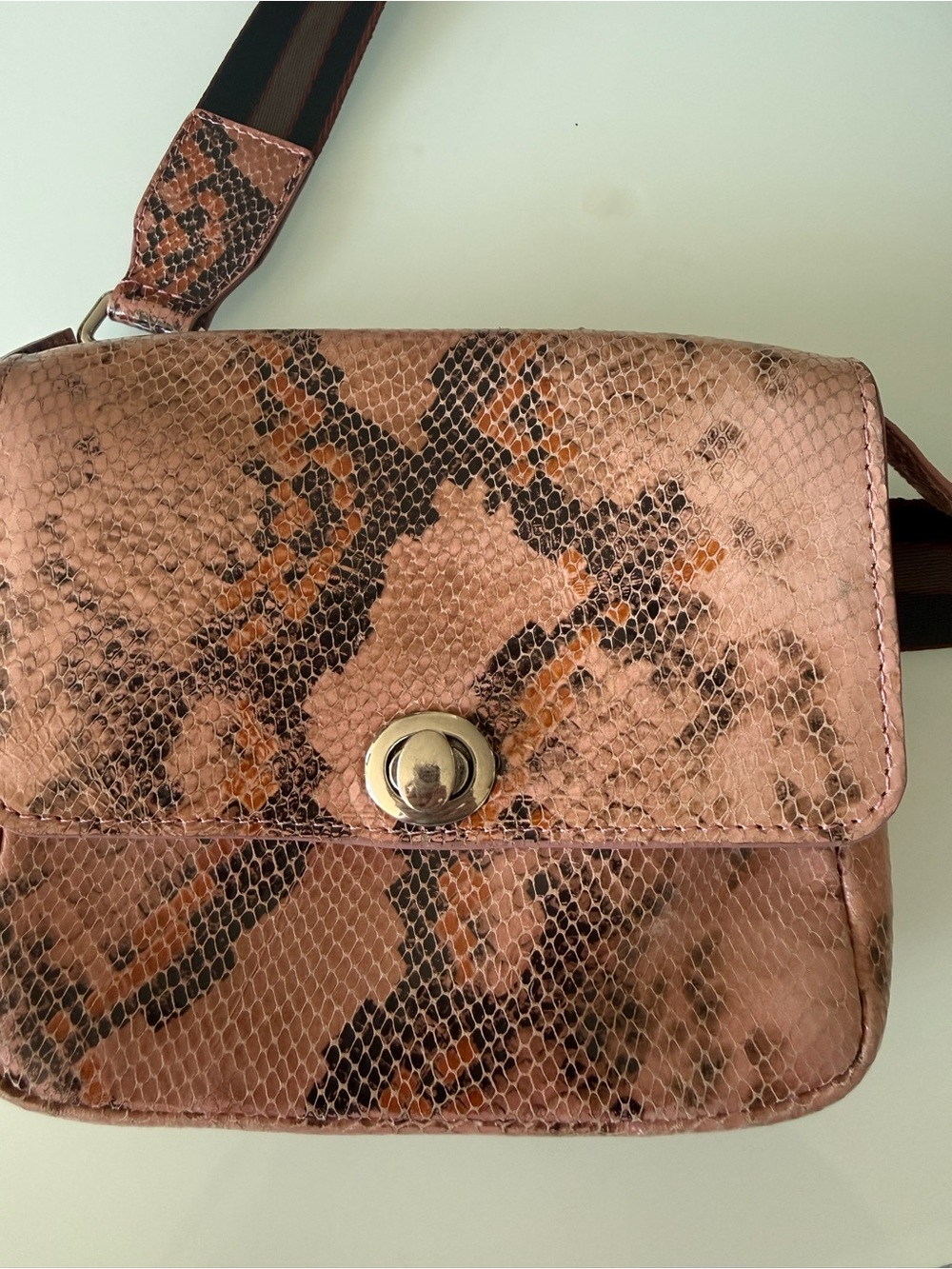 Rachel Comey Snake Print Pink Belt Bag with Turn-Lock Closure
